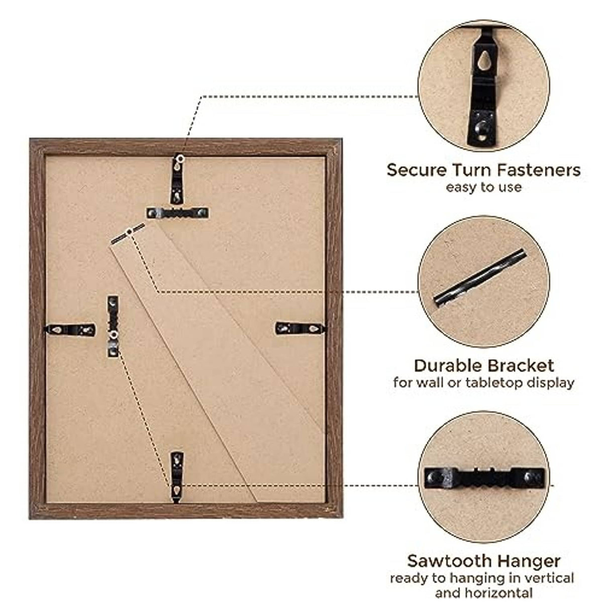 Walnut-brown solid oak picture frame with secure turn fasteners and sawtooth hanger