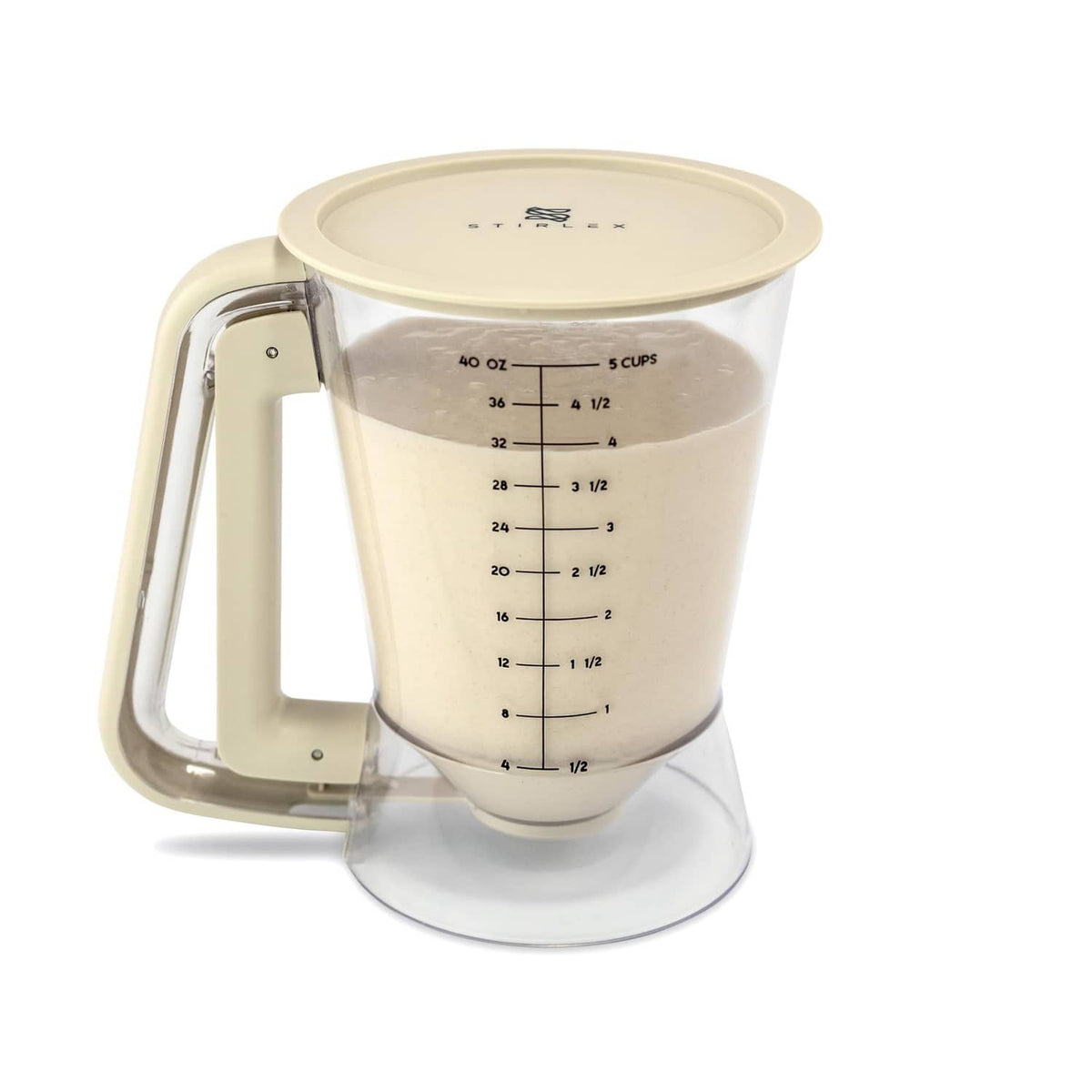Beige 5-cup batter dispenser with clear measuring cup, handle grips, and pour base