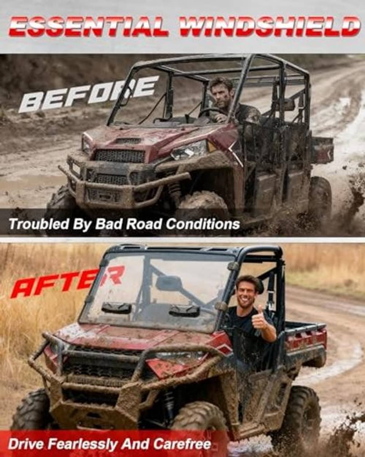 Rugged vented windshield panel on a UTV cab, built for rough-road conditions