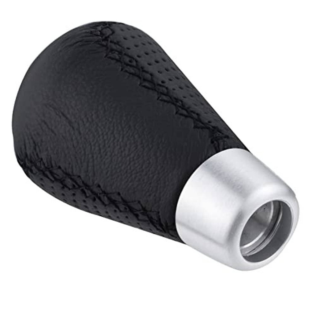Black textured leather shift knob with silver metal sleeve end