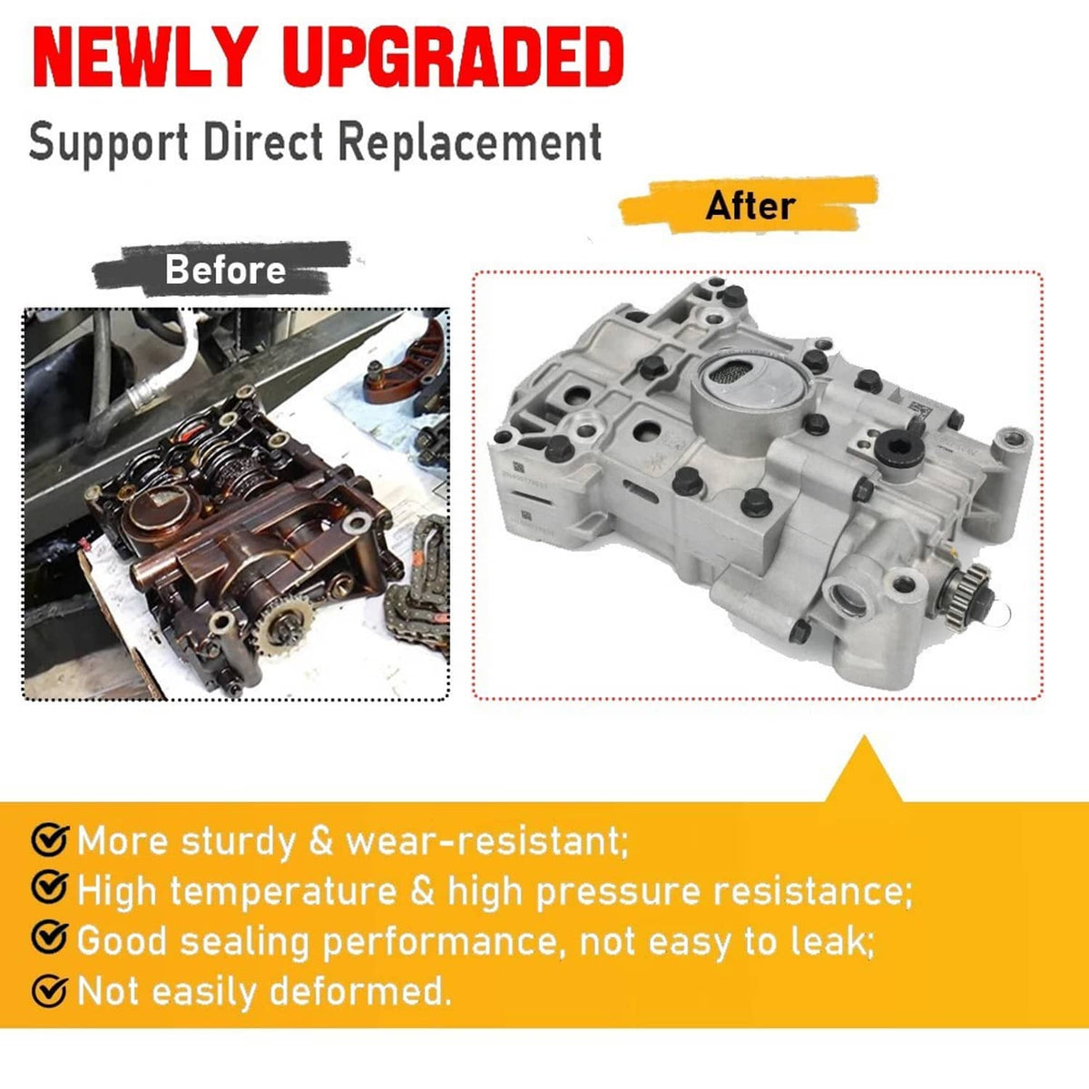 Silver oil pump replacement housing with mounting bolts and circular cover