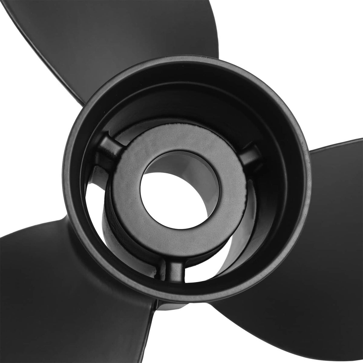 Close-up of black outboard propeller hub and three blades