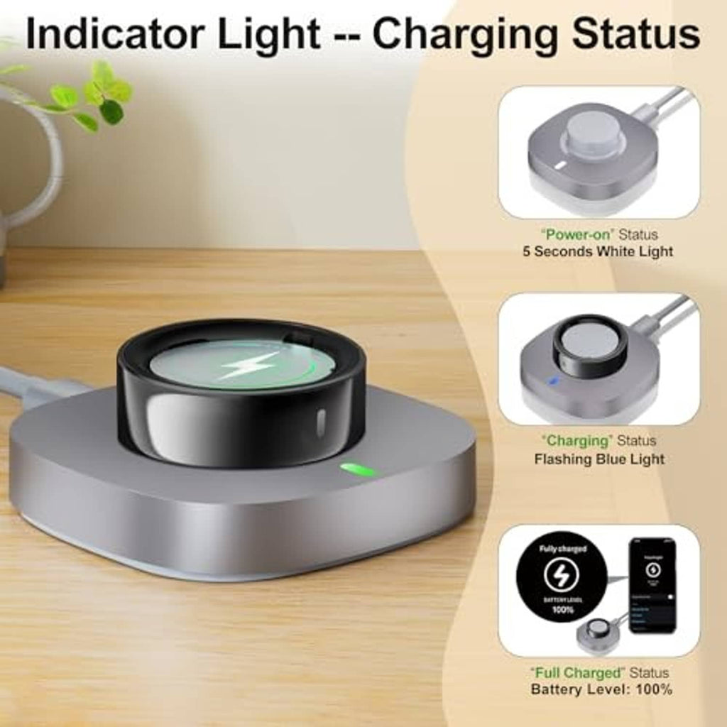 Metal charging dock base with ring cradle and blue charging-status indicator