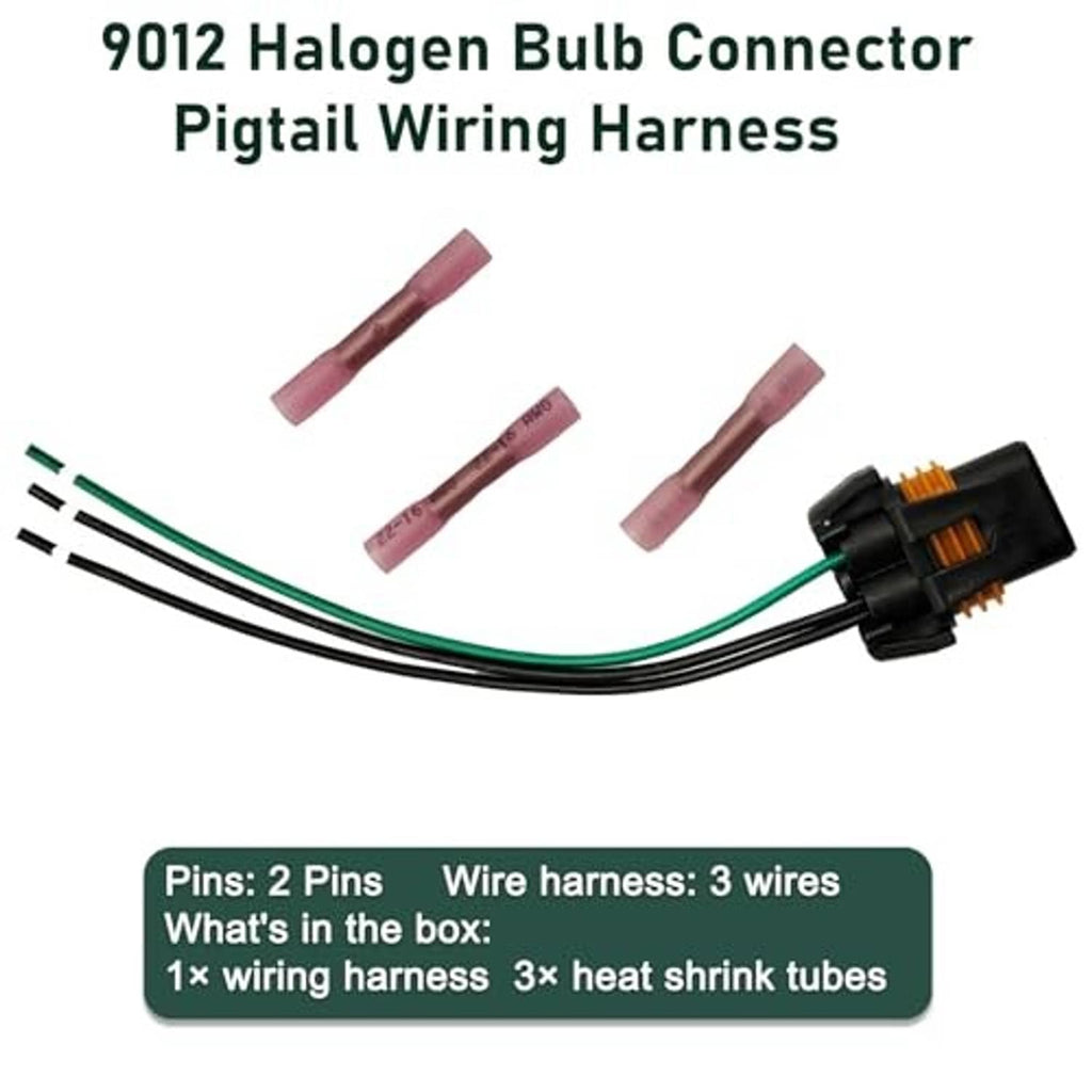 Halogen bulb connector pigtail wiring harness with black plug housing, three green wires, pink heat shrink