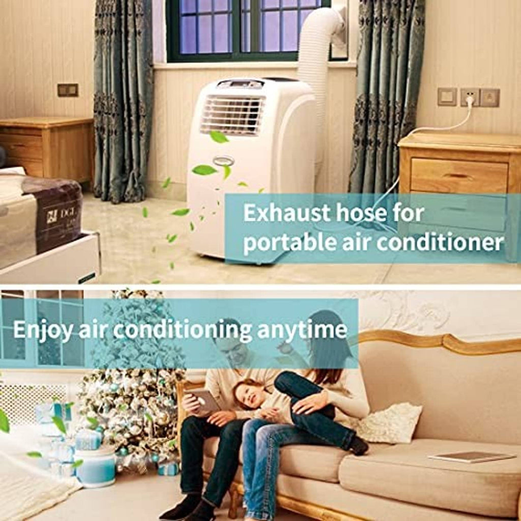 White exhaust hose connected to a portable air conditioner indoors