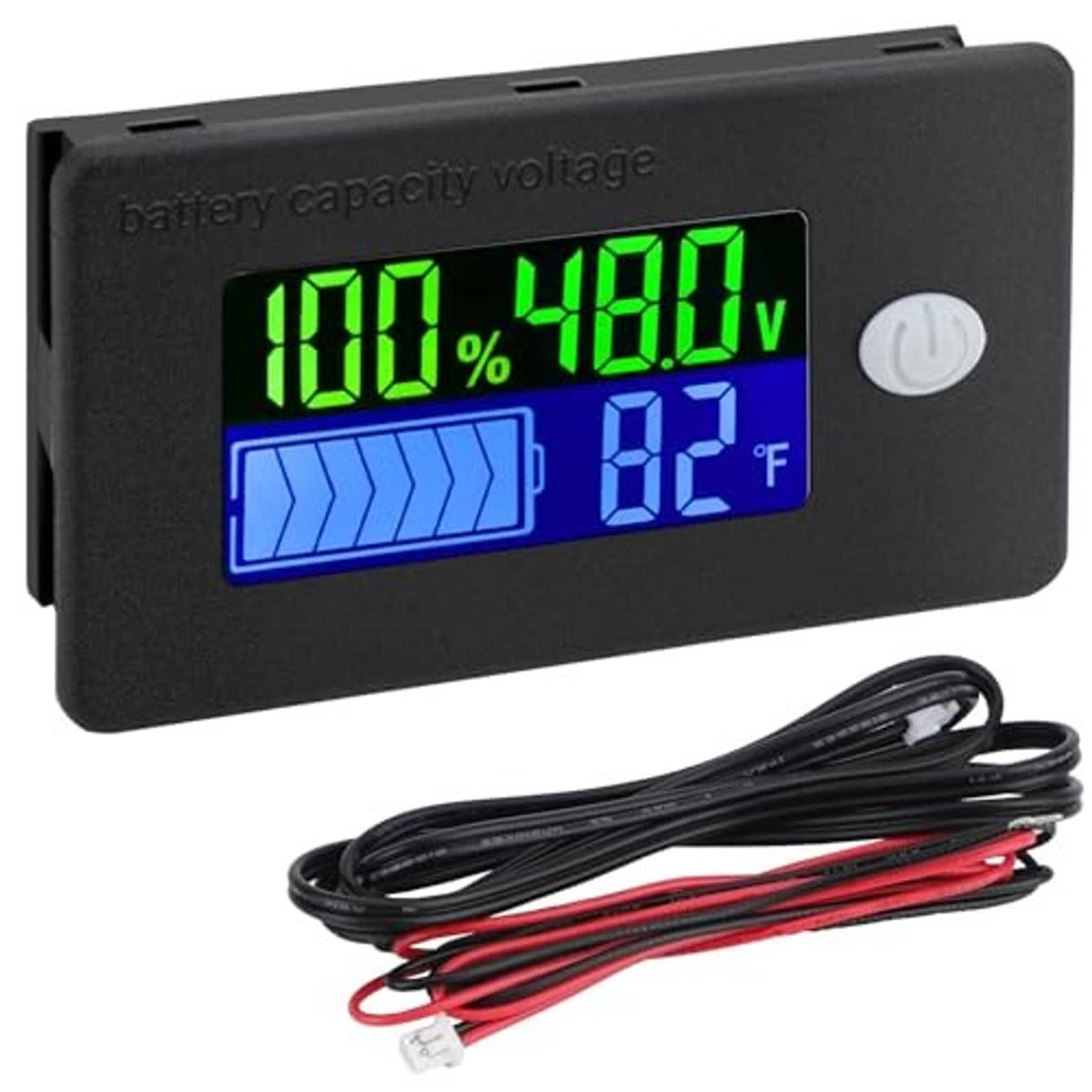 48V golf cart battery voltage meter with LCD showing 100% and 48.1V
