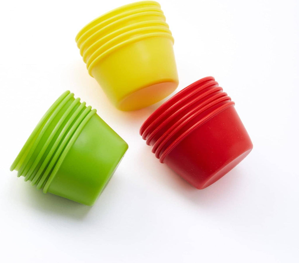 Silicone puto mold cups stacked in red, yellow, and green, angled display