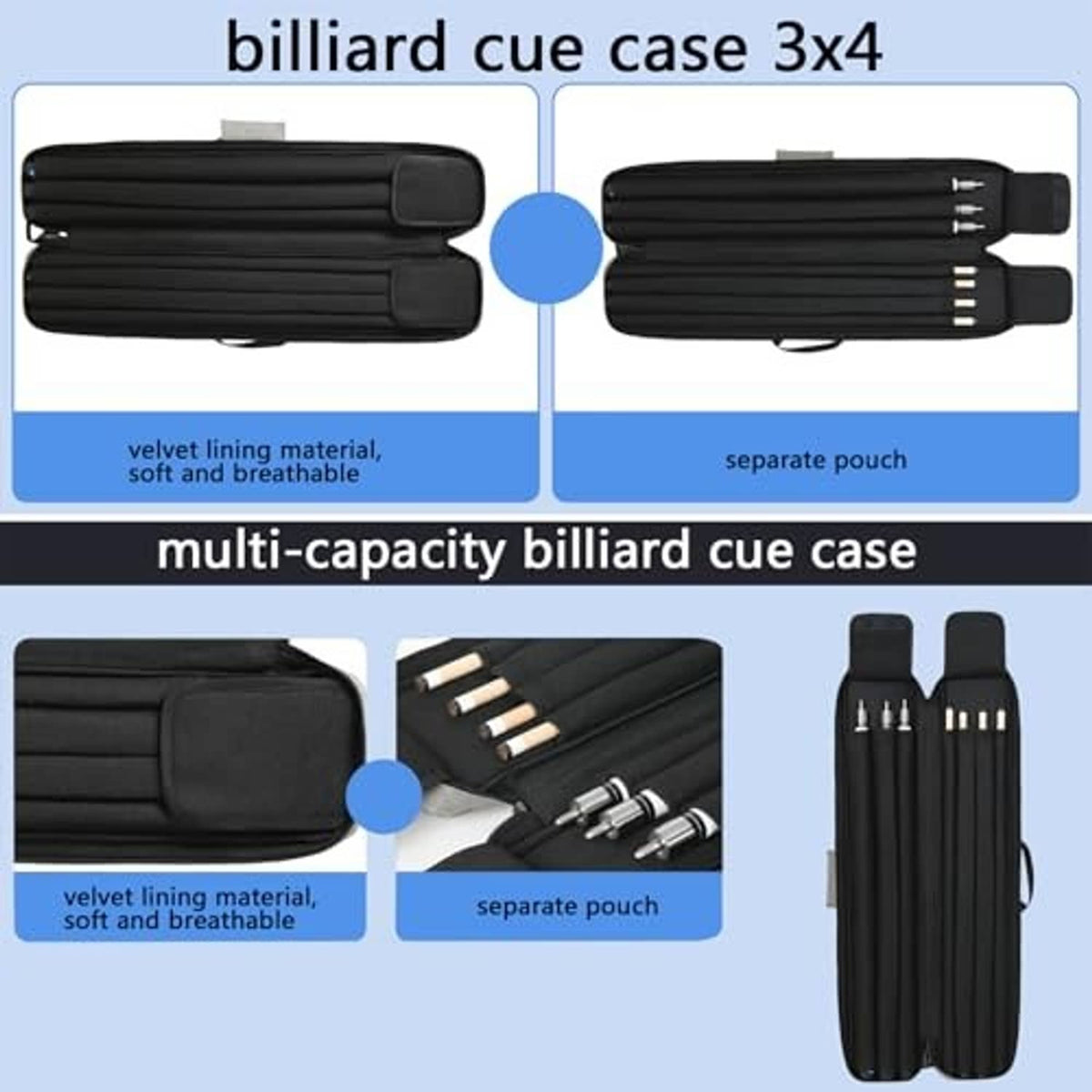 Black pool cue case with padded compartments and separate accessory pouch on top