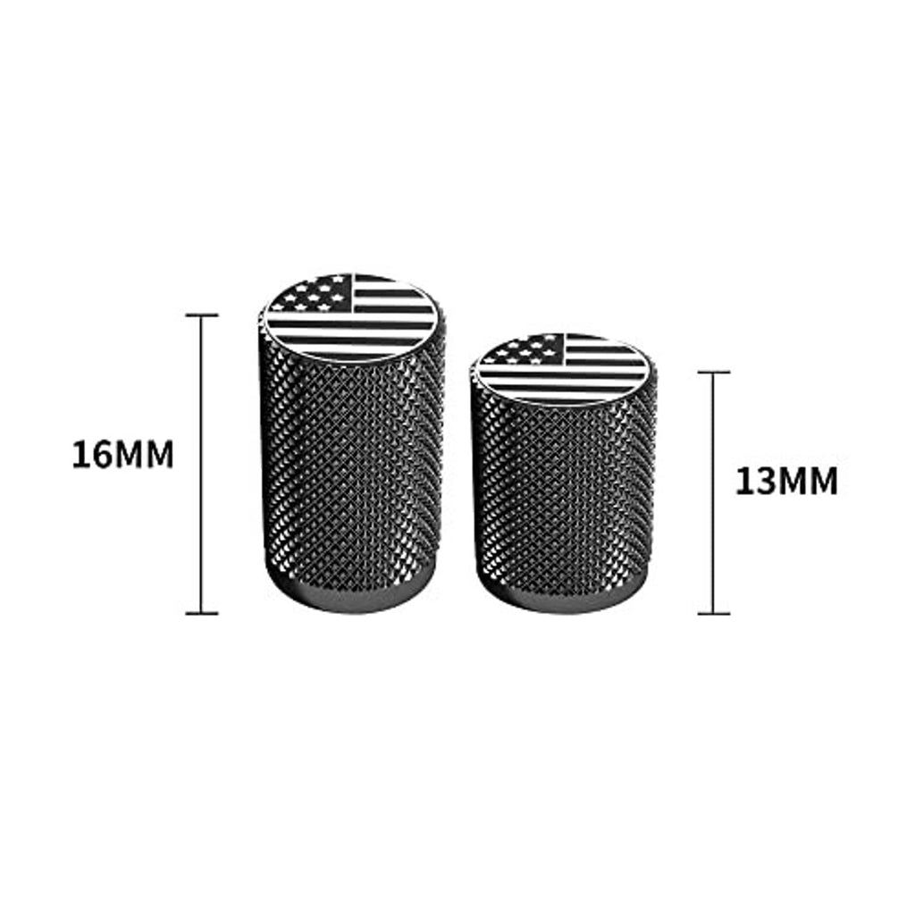 Two black textured tire valve caps with US-flag tops; 16mm and 13mm heights