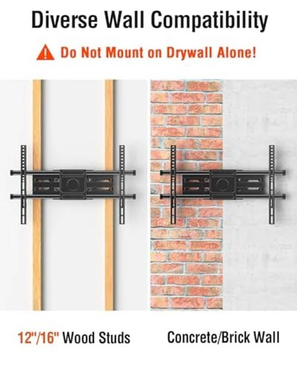 Black TV wall mount for multiple wall types, installed on studs or concrete-brick surfaces