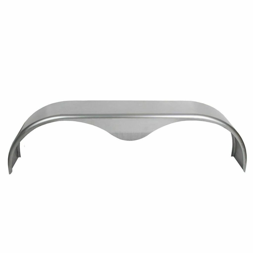 Silver metal trailer fender with rounded top and open wheel-arch cutout