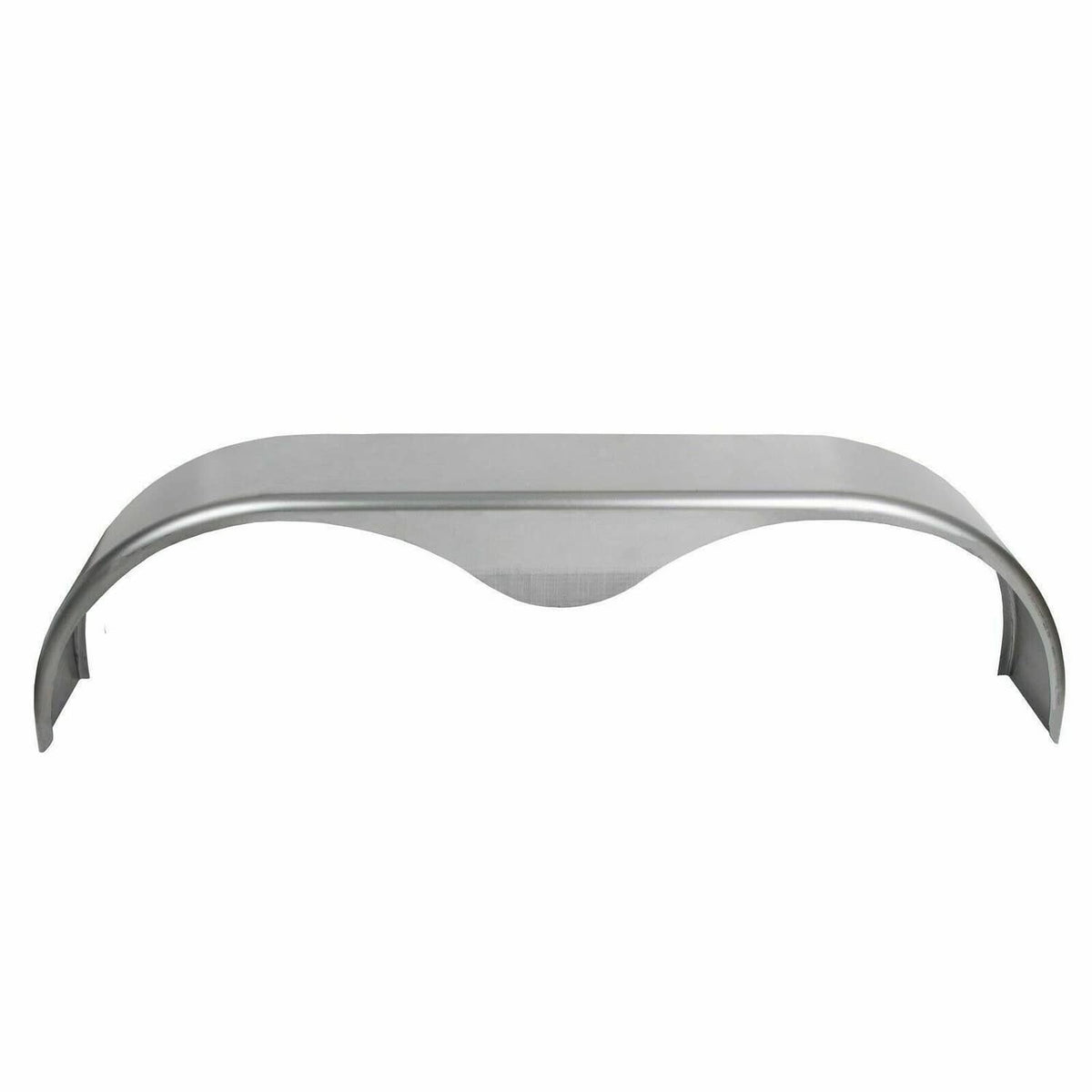 Silver metal trailer fender with rounded top and open wheel-arch cutout