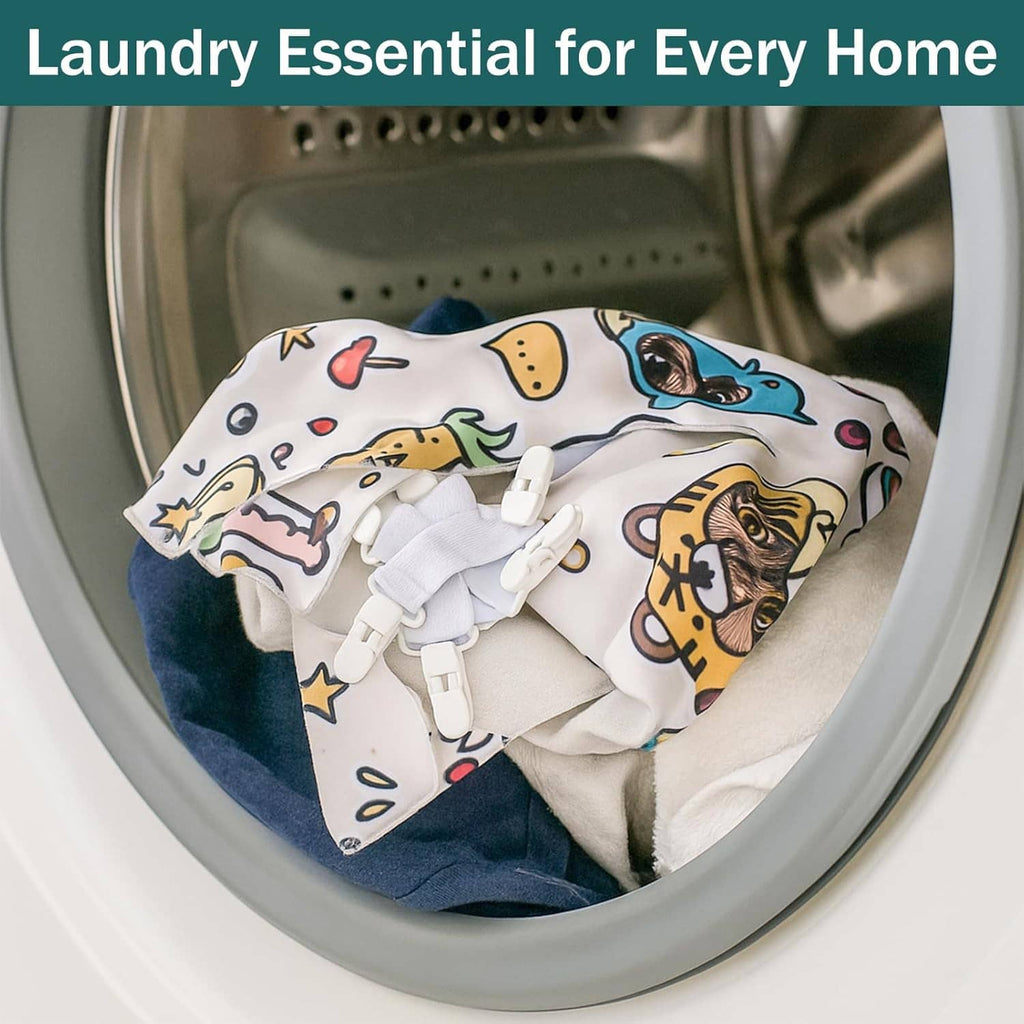 Bed sheet detangler with 6 clips holding a patterned sheet in the dryer drum
