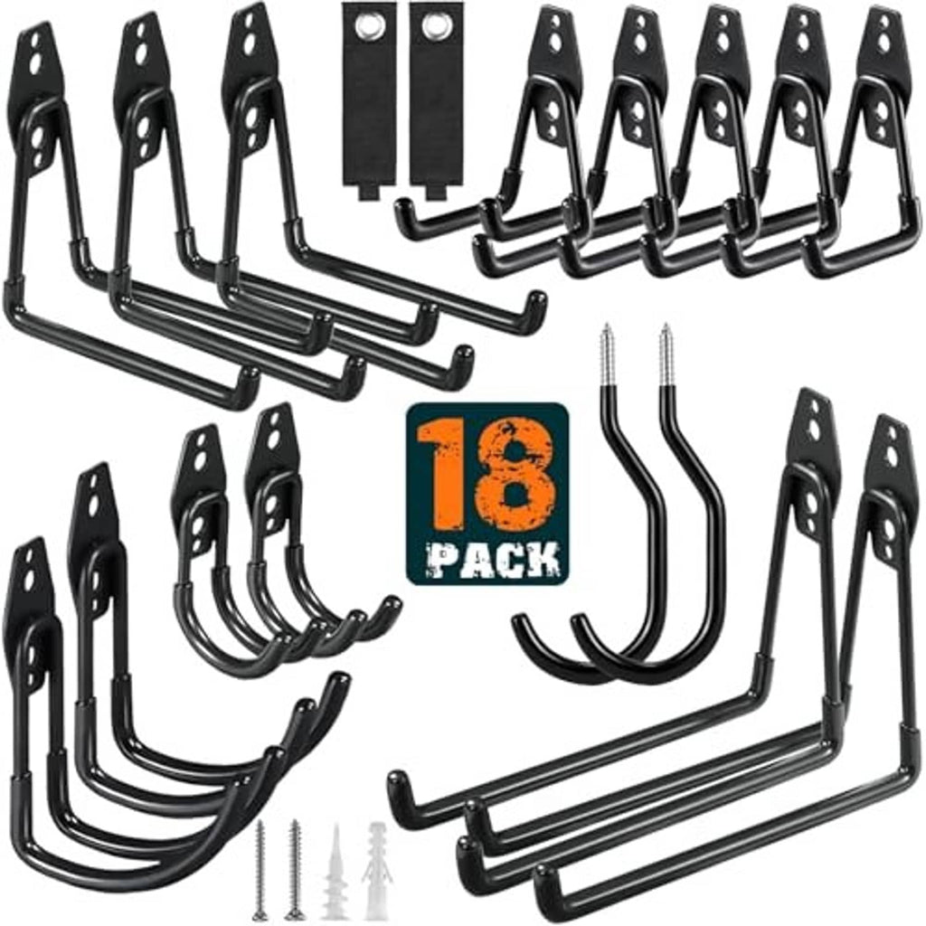 Black steel garage hook set with curved tips, mounting plates, and screws included