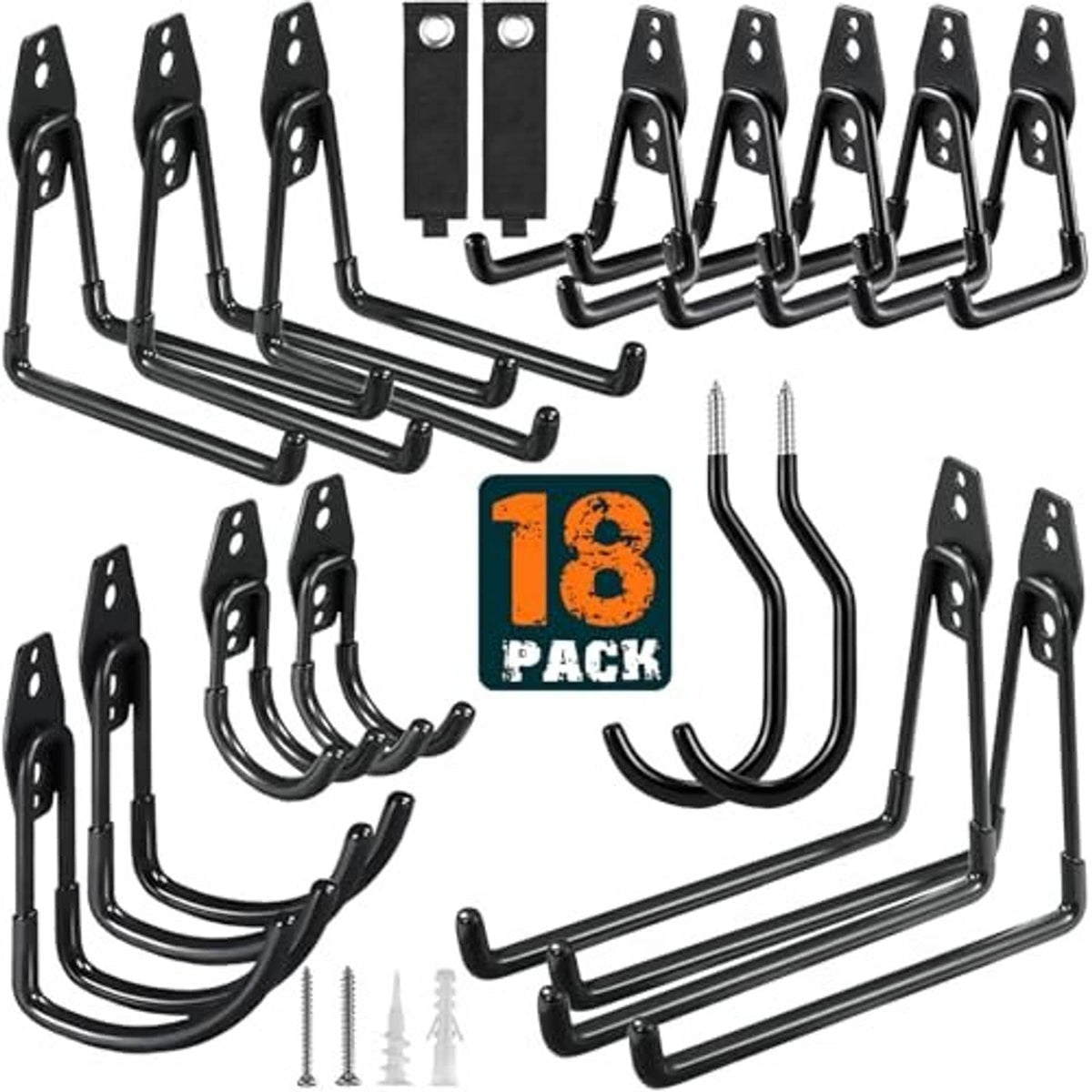 Black steel garage hook set with curved tips, mounting plates, and screws included