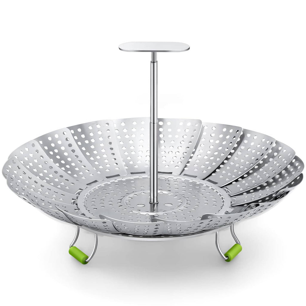 Stainless steel steamer basket with perforated sides, center pole, and green feet