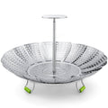 Stainless steel steamer basket with perforated sides, center pole, and green feet