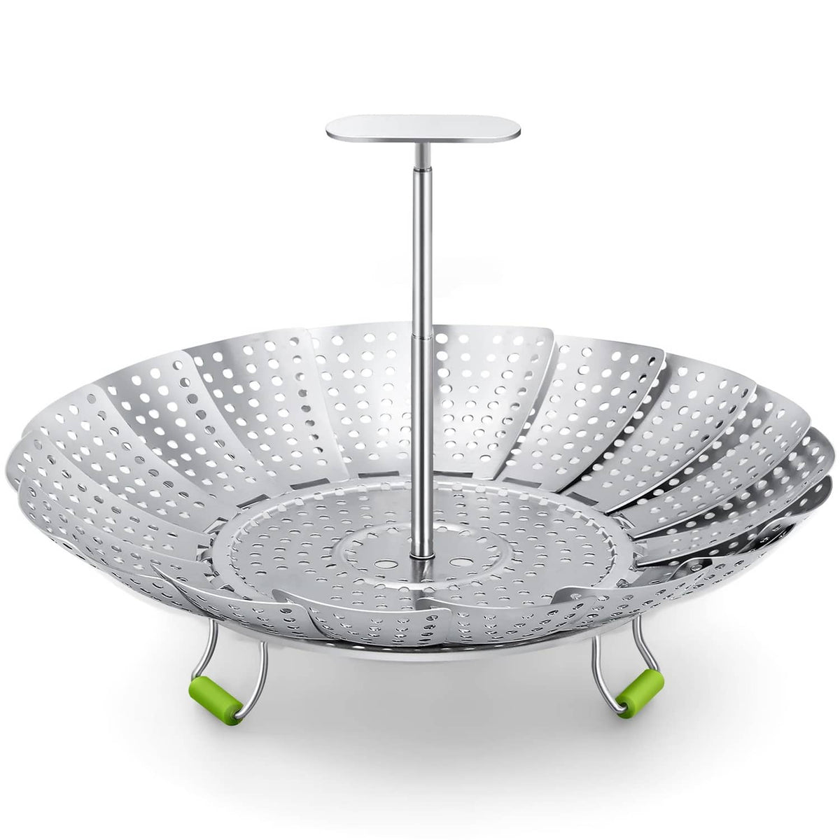 Stainless steel steamer basket with perforated sides, center pole, and green feet