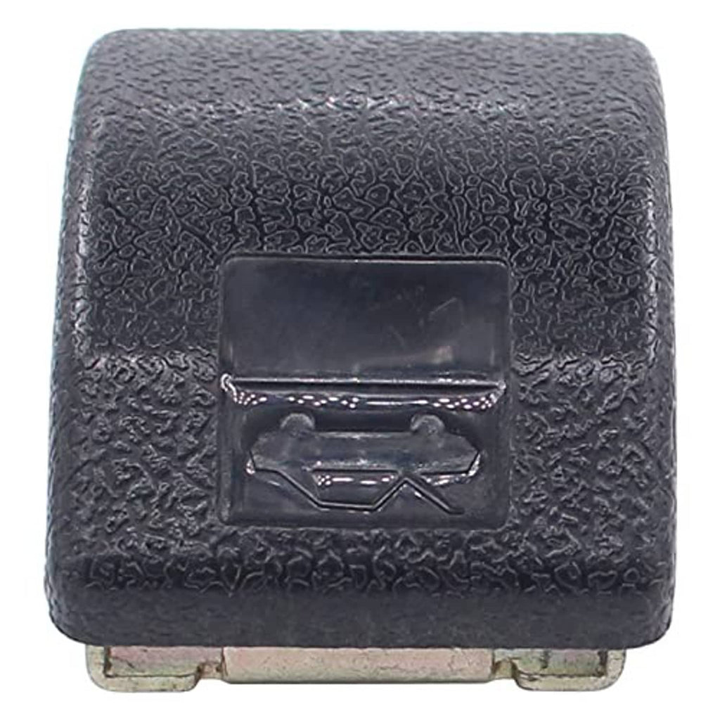 Hood lock release handle underside with black textured button cover and mounting base