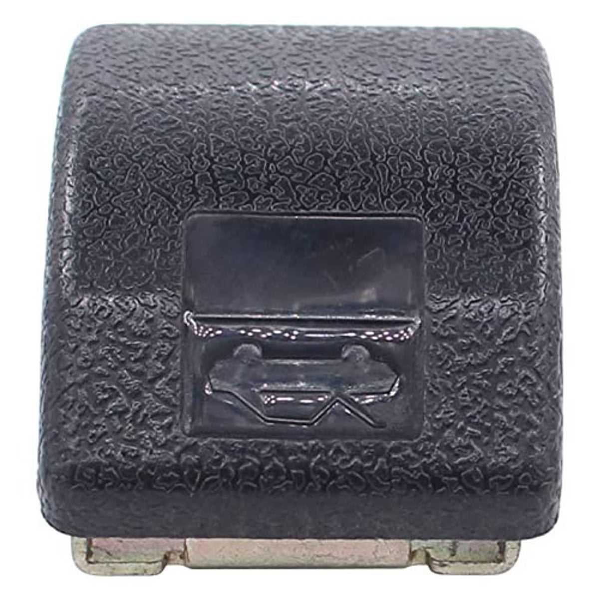 Hood lock release handle underside with black textured button cover and mounting base