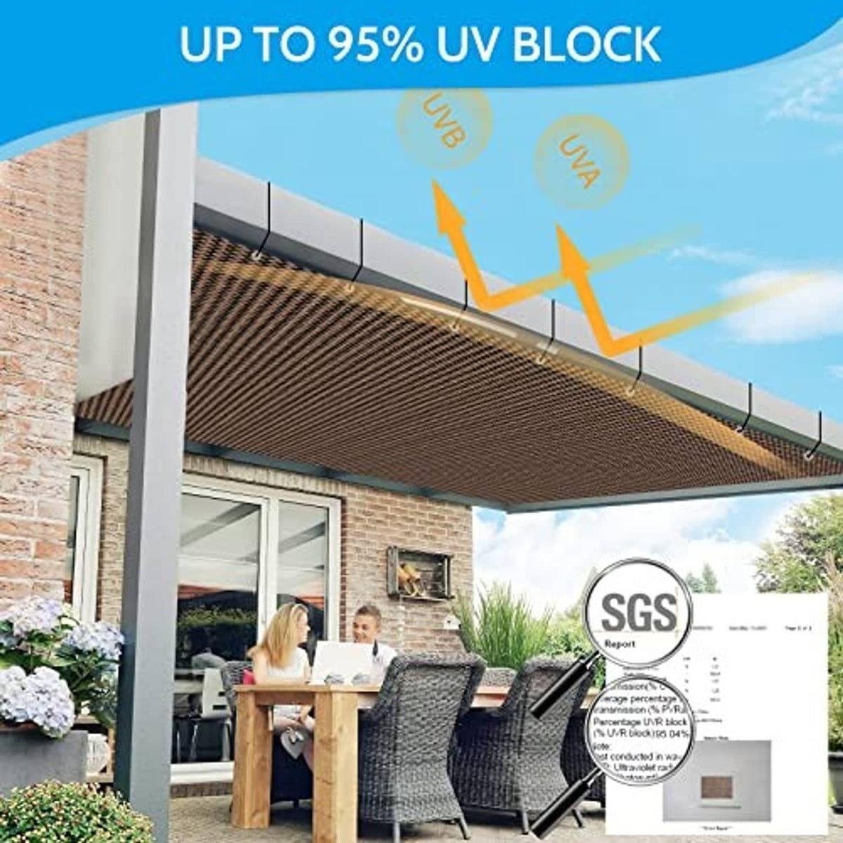 Mocha-brown pergola shade cloth stretched under roof with metal eyelets