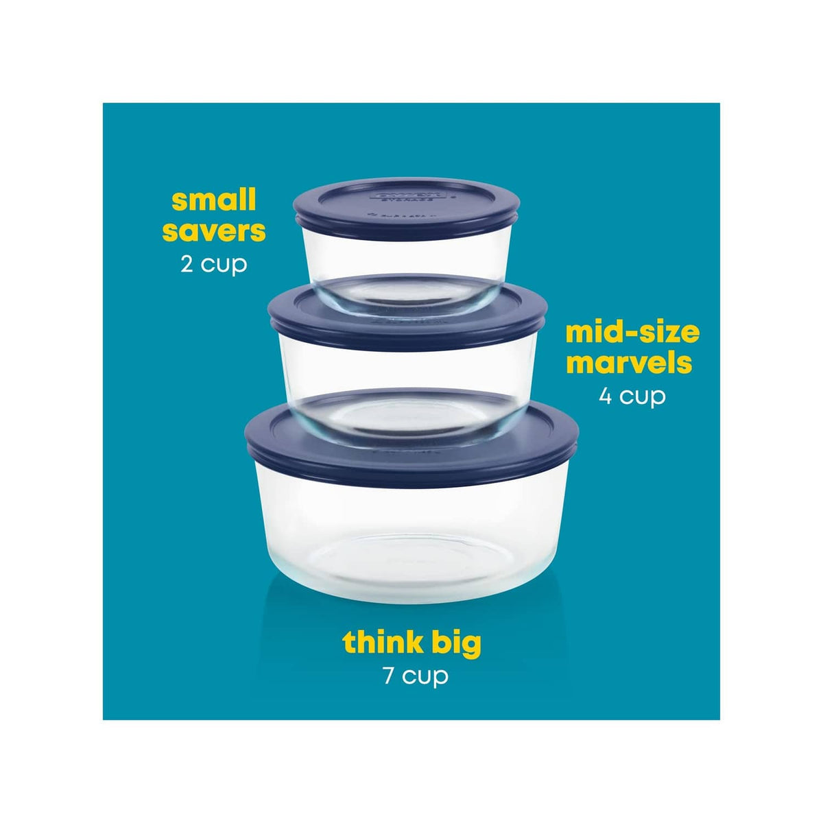 3-pack glass food storage containers with navy-blue lids, shown in three sizes