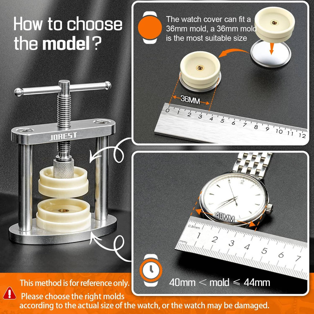 Watch press tool set with beige molds and measuring guide for selecting fit size