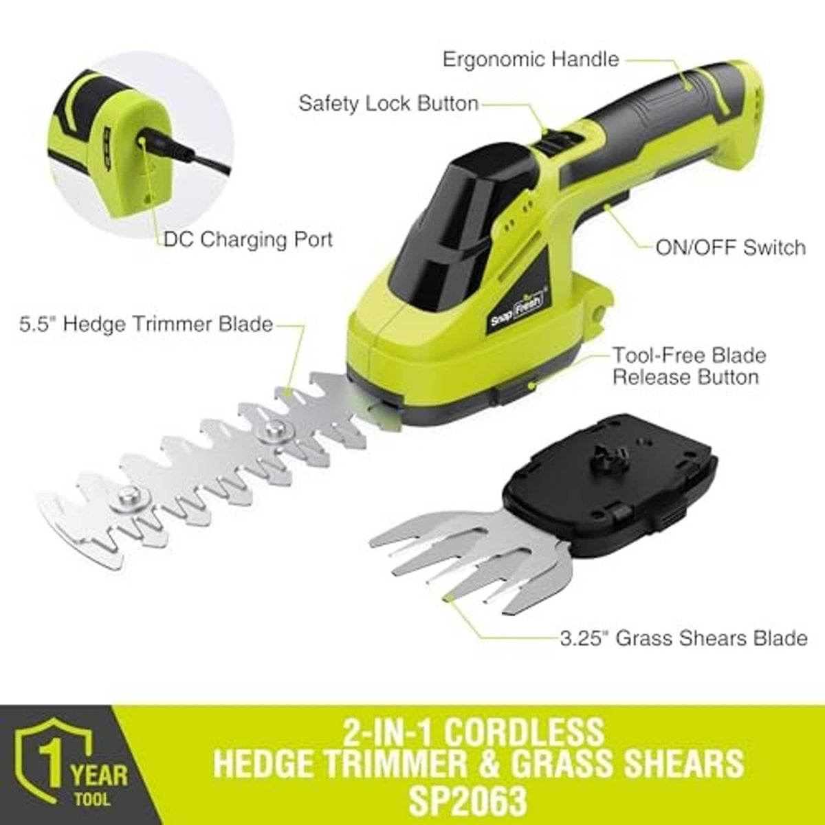 Lime green cordless trimmer tool with hedge blade and grass shears plus charging port.