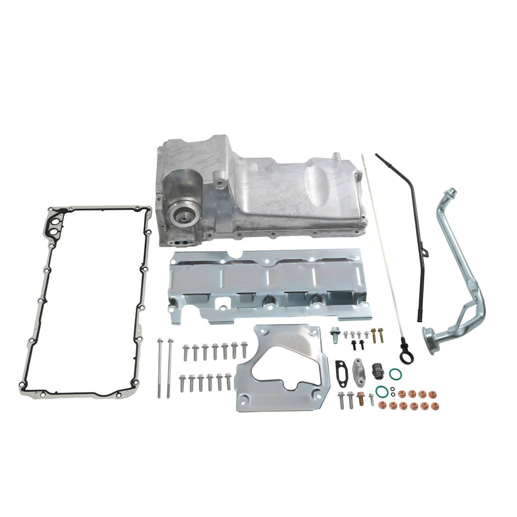Engine oil pan kit with aluminum pan, gaskets, hardware, and tubing pieces