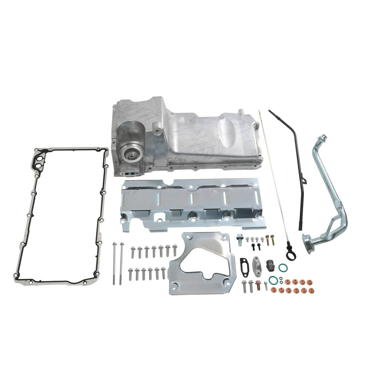 Engine oil pan kit with aluminum pan, gaskets, hardware, and tubing pieces