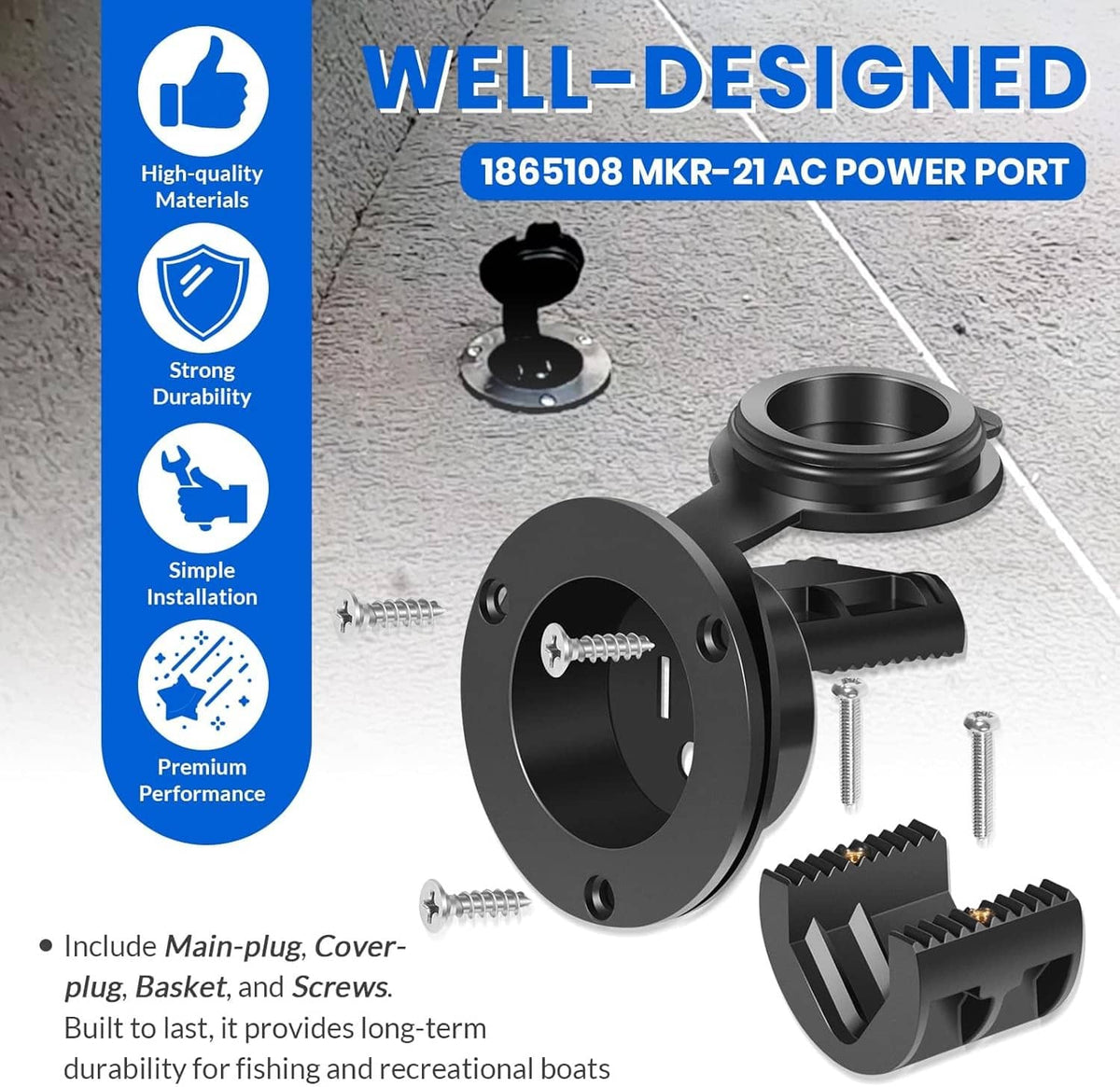 Black AC power port kit components: main plug, cover plug, basket, and screws