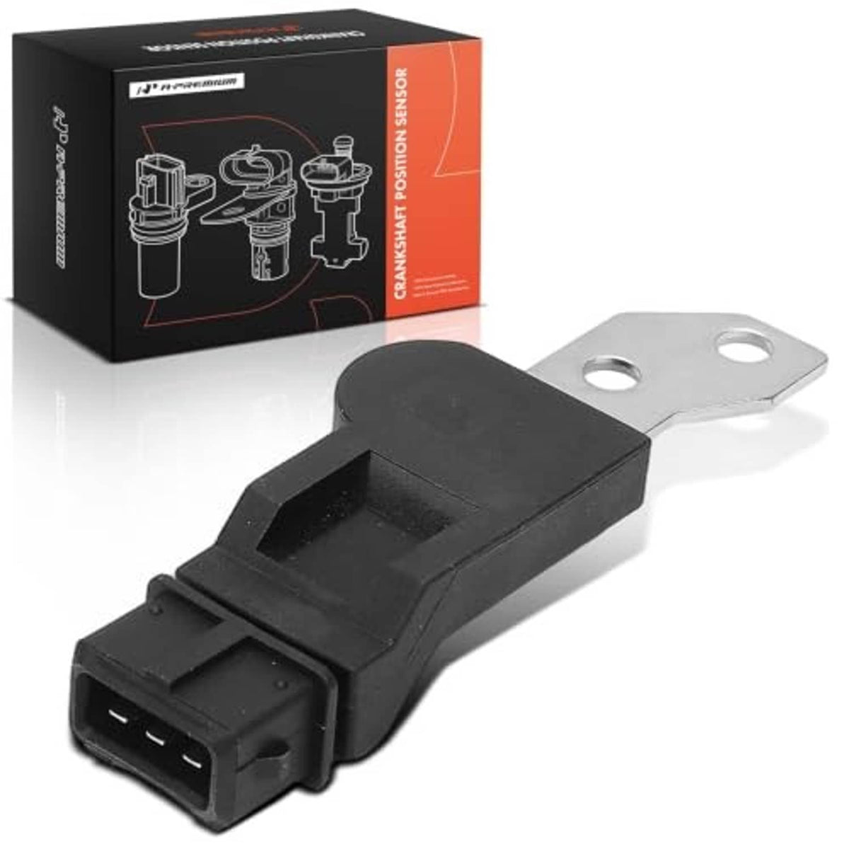 Black camshaft position sensor with 2-hole metal bracket and electrical plug