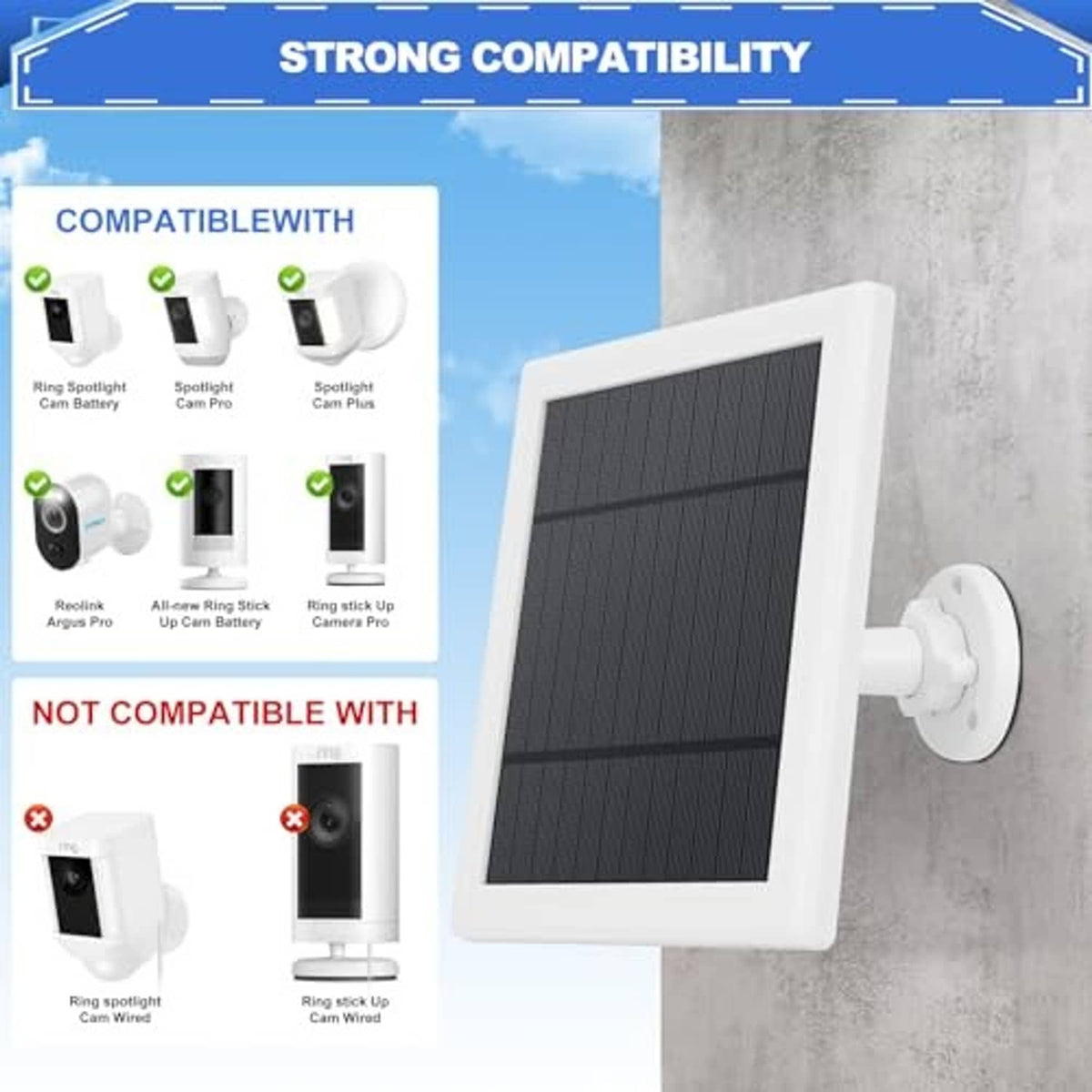 Wall-mounted white solar panel charger with black photovoltaic panel and mounting bracket
