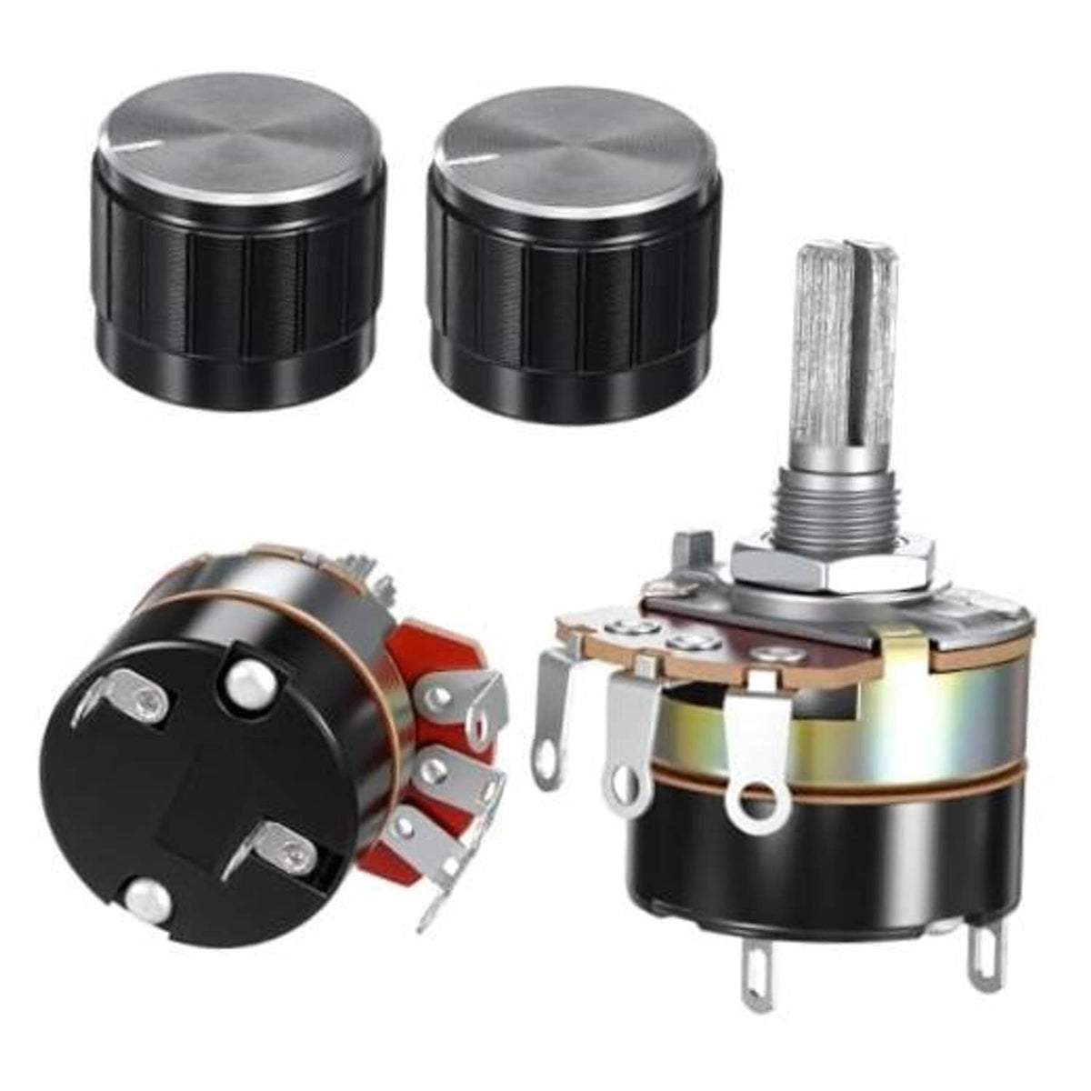 Black knurled dimmer potentiometer knob pair with metal terminals and mounting tabs