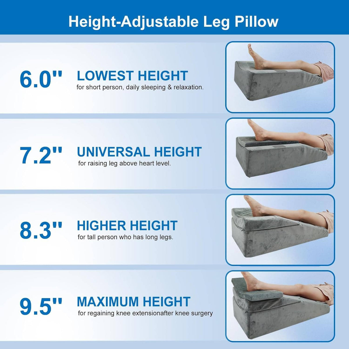 Gray adjustable-height leg elevation pillow shown in stacked height positions