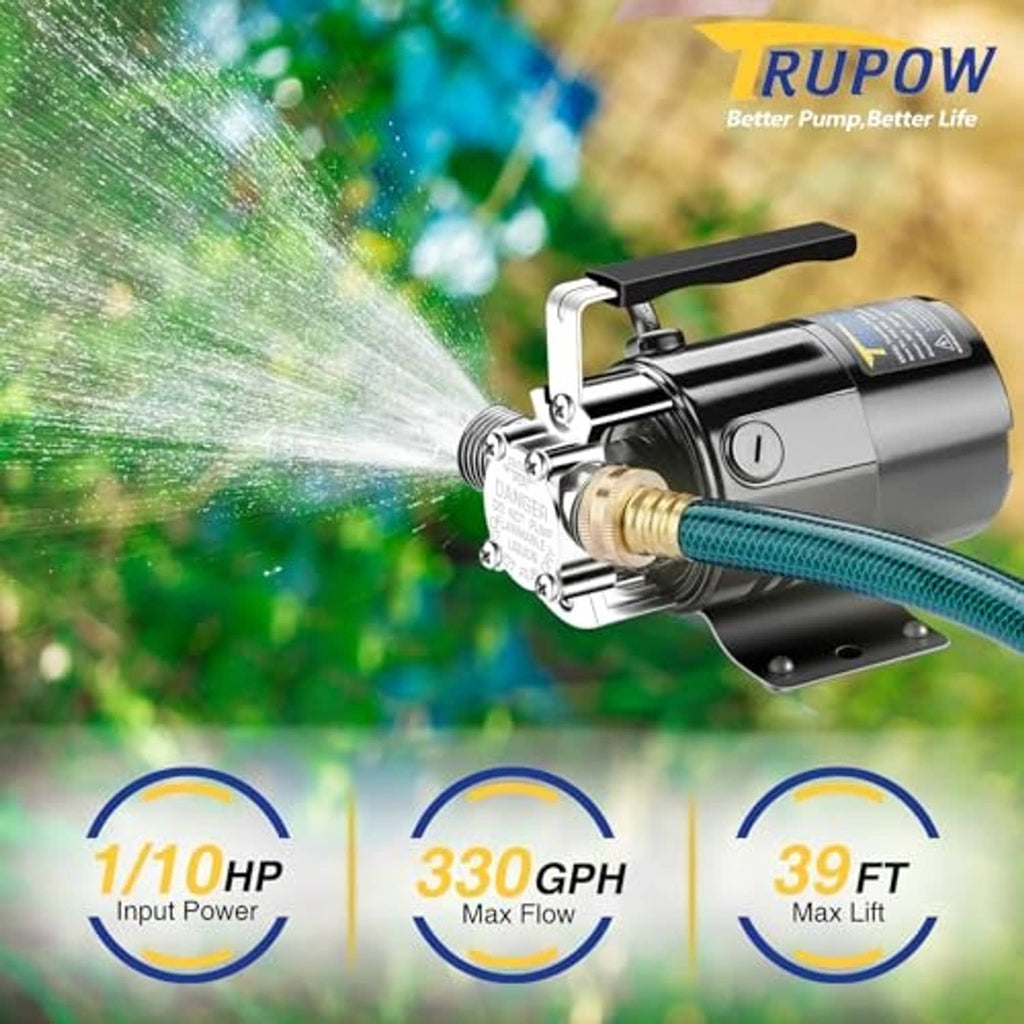 Trupow mini utility pump with green hose connected, black base, and on/off switch