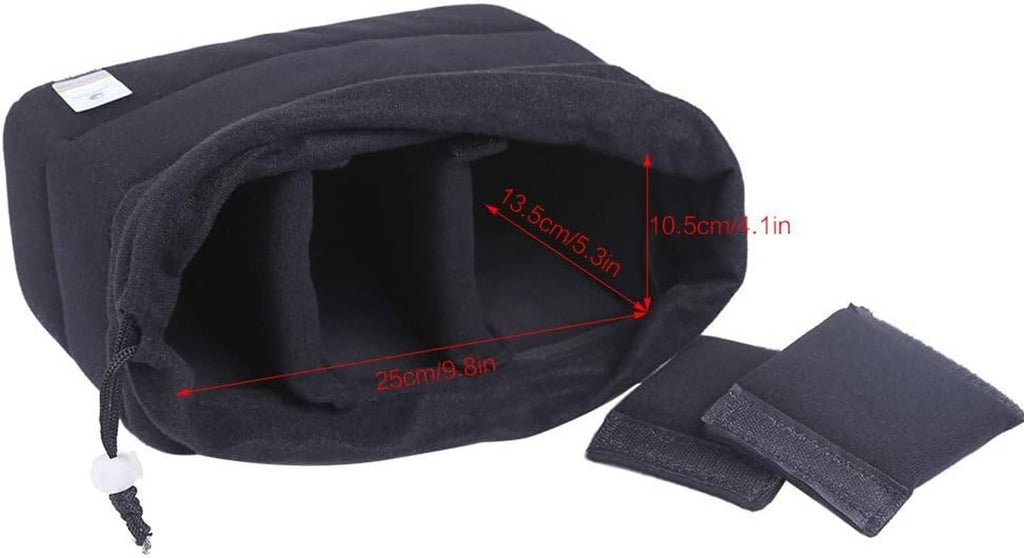Black padded camera bag insert, open top with hook-and-loop strap pieces