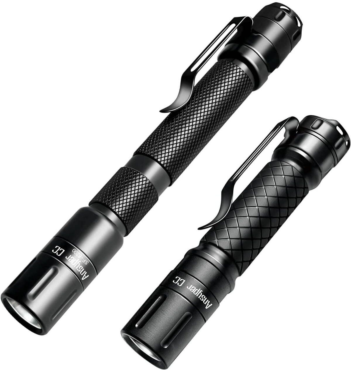 Mini LED flashlight, black metal body, textured grip, side switch, lanyard loop