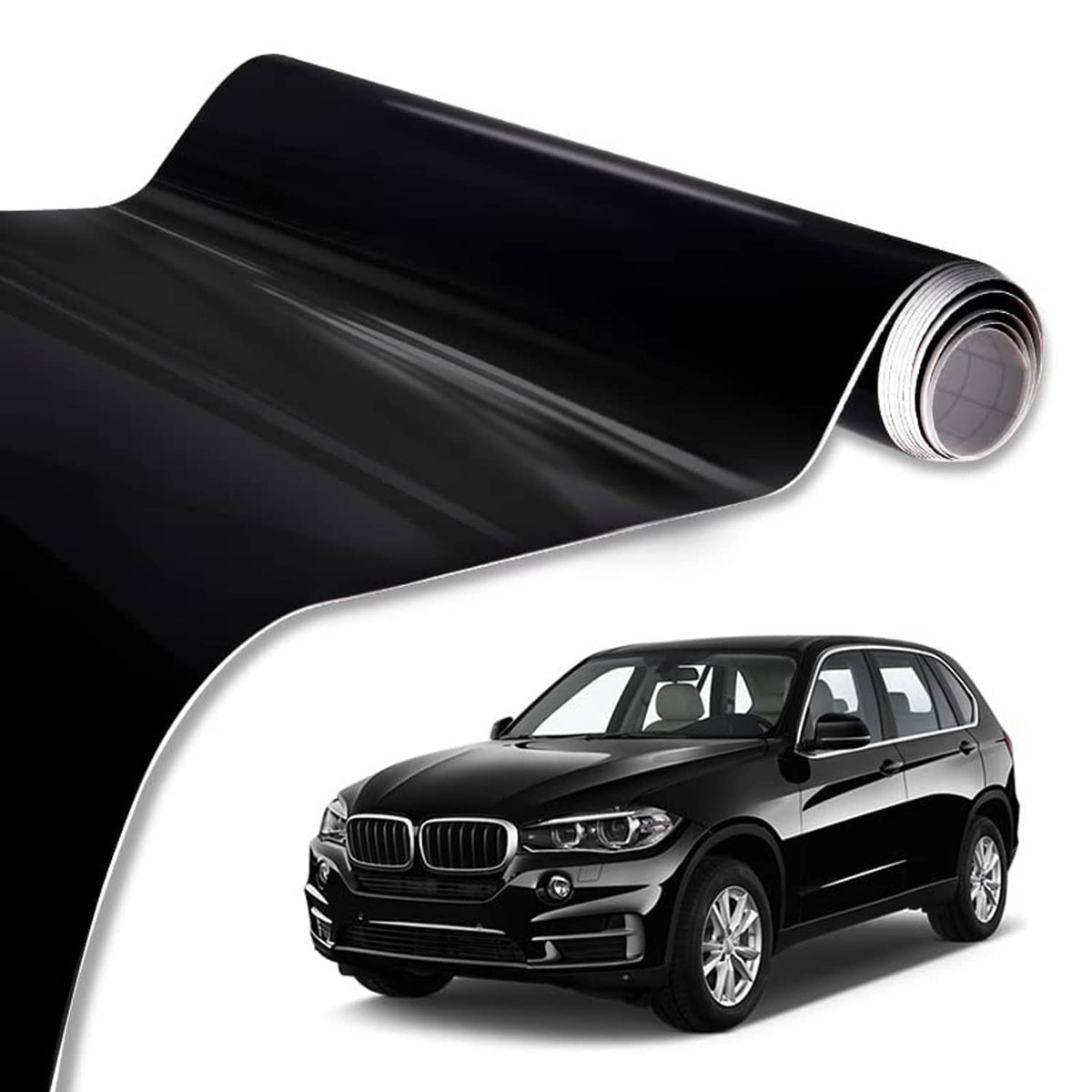 Gloss black vinyl wrap roll with a car shown wearing the glossy finish