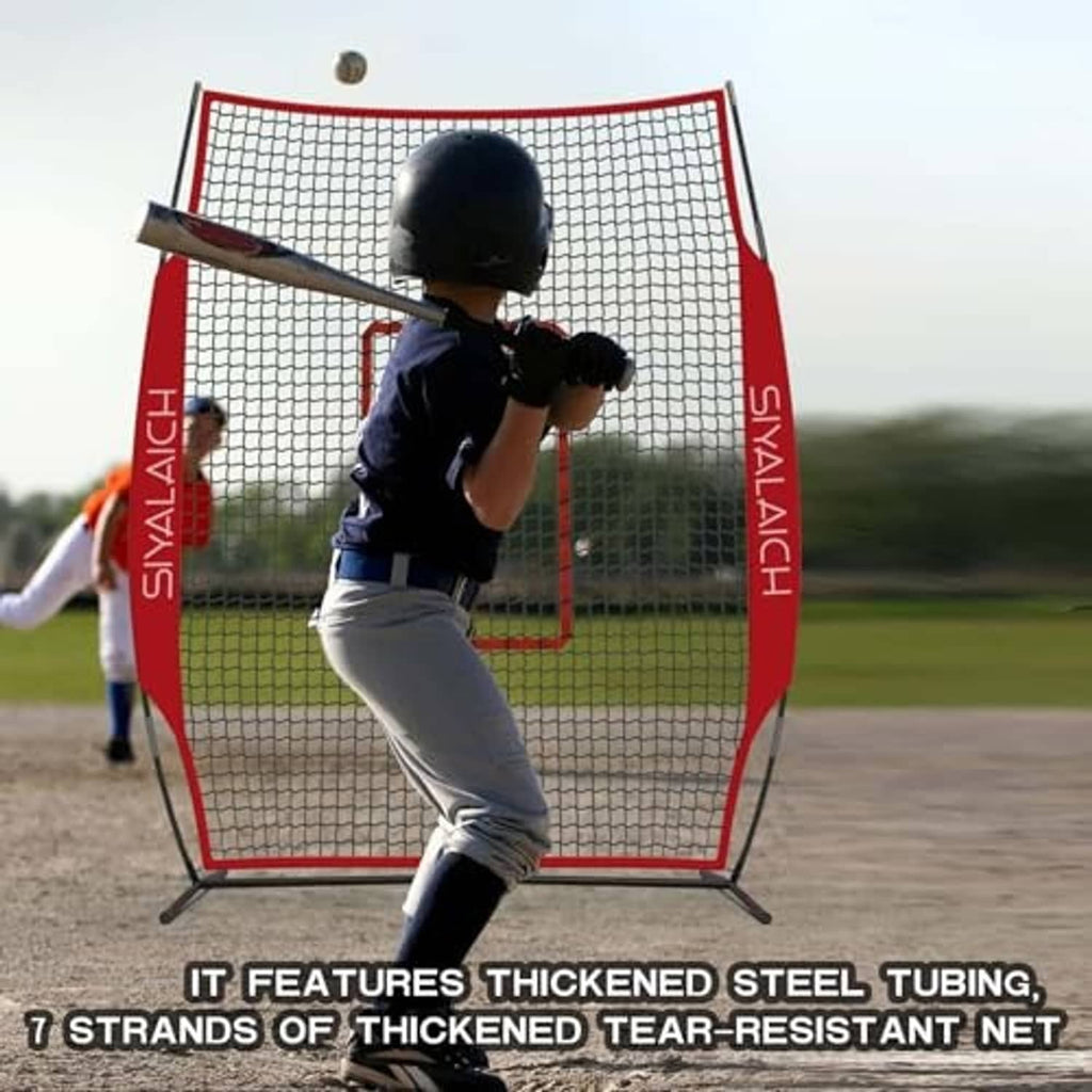 Baseball pitching screen with white net and red frame, target window