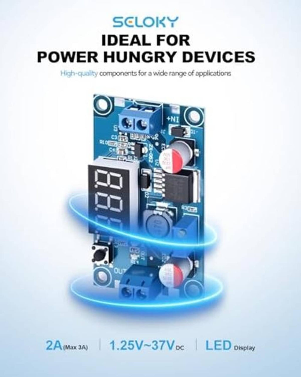 Blue LM2596 buck converter module PCB with dual 7-segment LED display and red capacitors