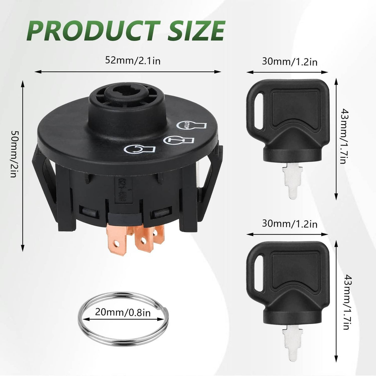 3-position ignition switch size diagram with two keys and black housing