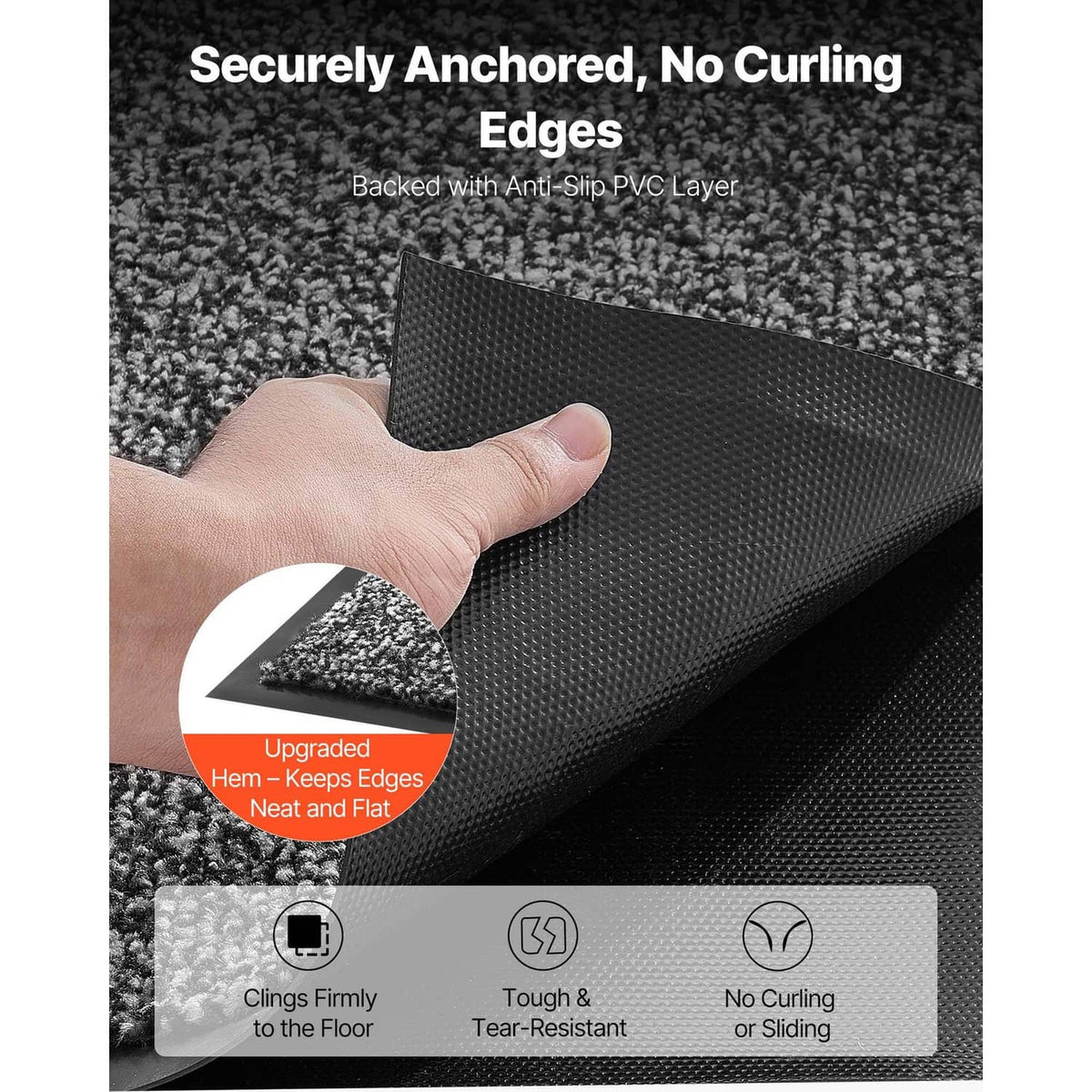 Grey door mat corner lifted to show securely anchored anti-slip PVC backing