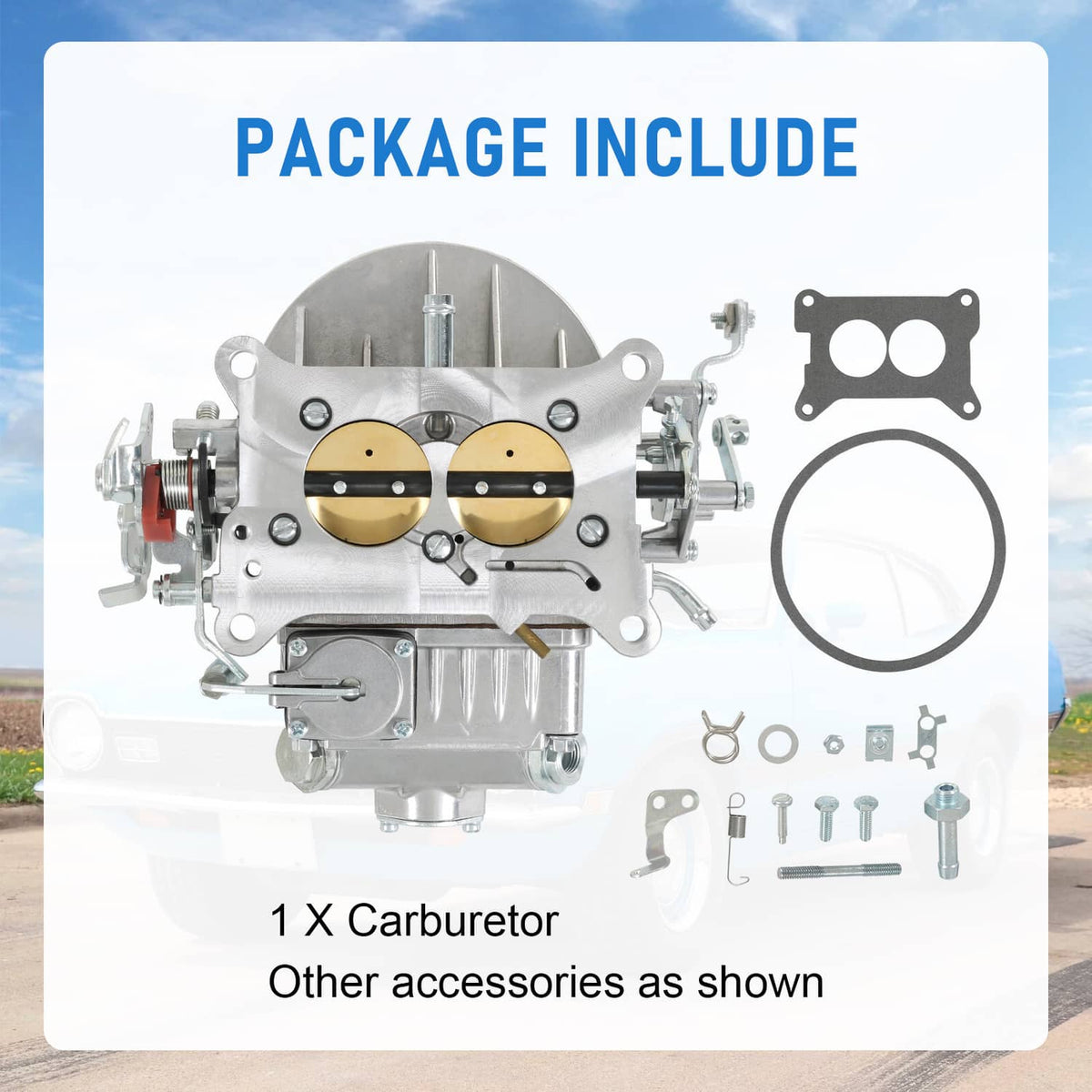 Carburetor kit with 2-barrel carburetor, gaskets, and included hardware parts