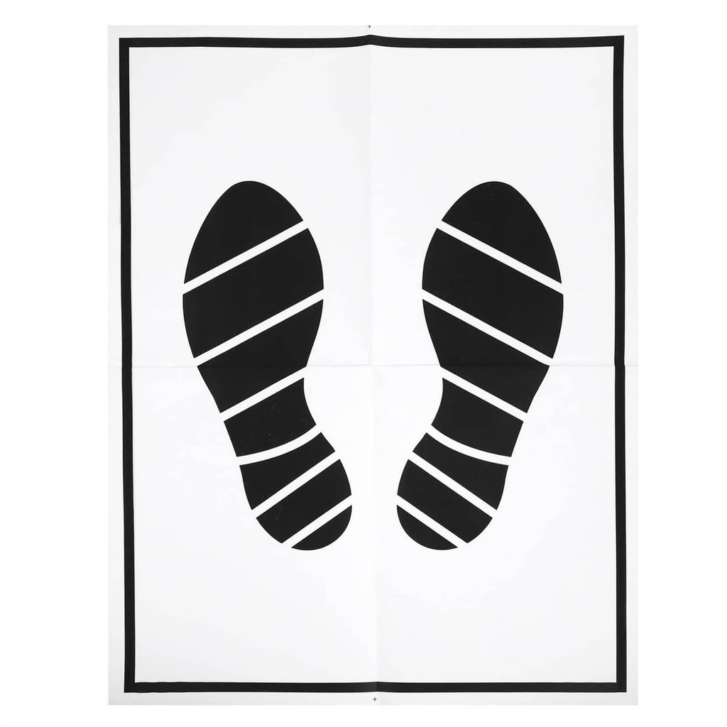 Disposable paper foot mat with black striped footprint icons on a rectangular sheet