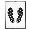 Disposable paper foot mat with black striped footprint icons on a rectangular sheet