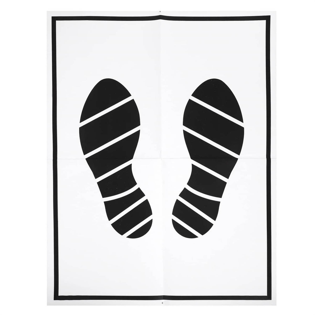 Disposable paper foot mat with black striped footprint icons on a rectangular sheet