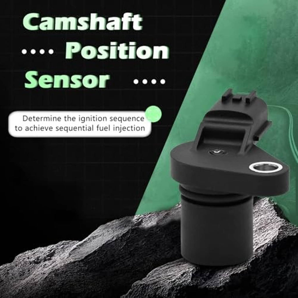 Black camshaft position sensor standing on textured surface with mounting ring