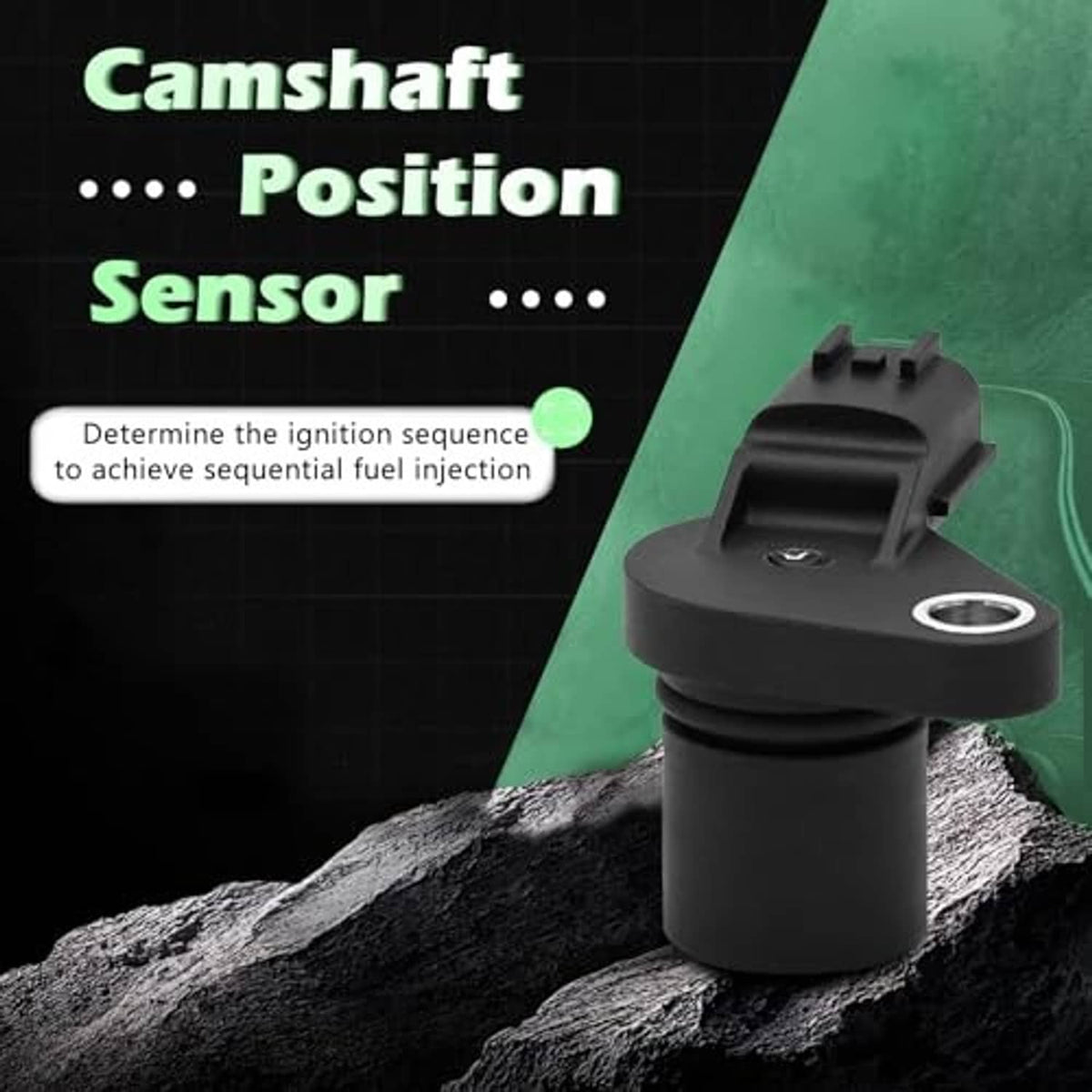 Black camshaft position sensor standing on textured surface with mounting ring