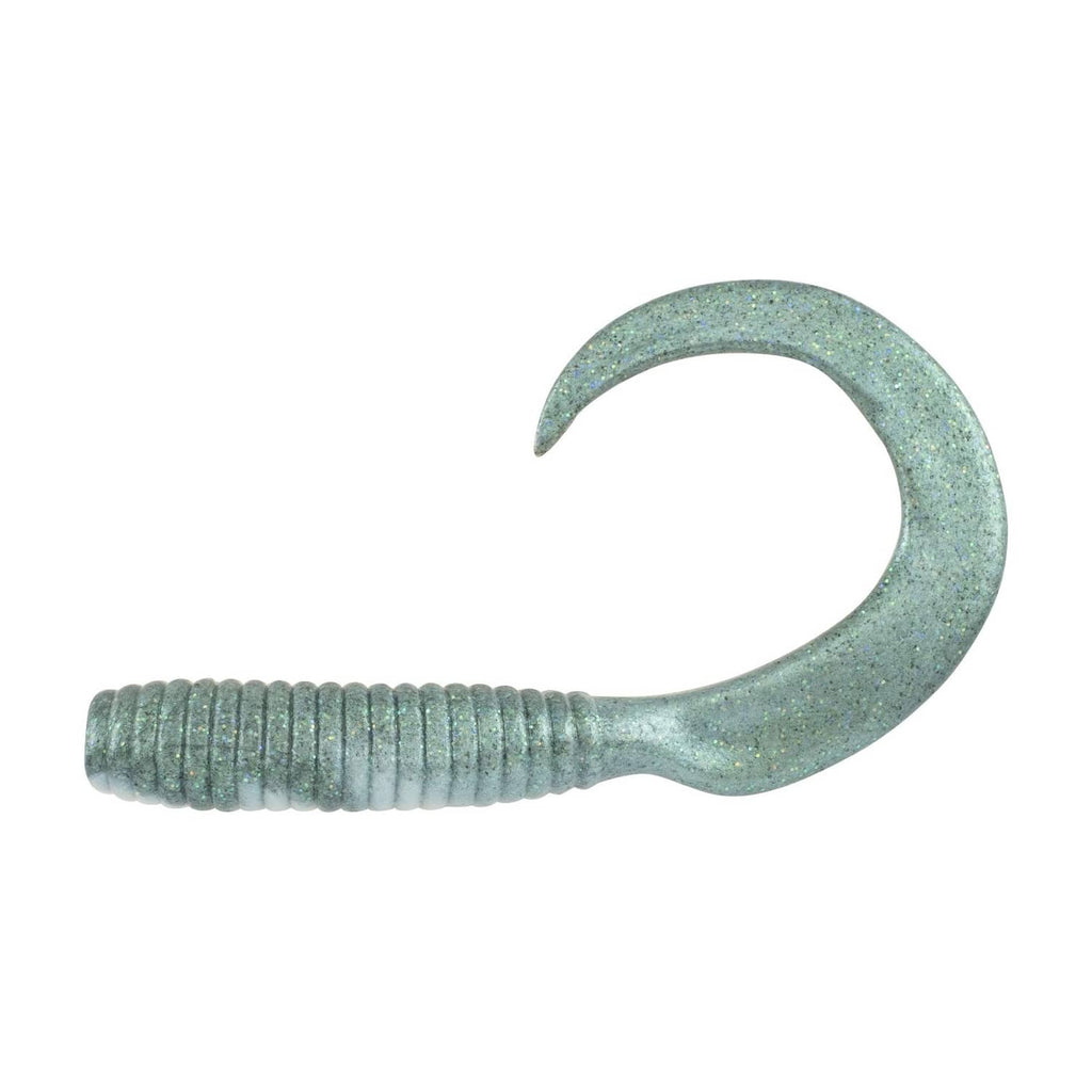 Soft bait jig hook, curved hook head and ribbed teal glitter tail